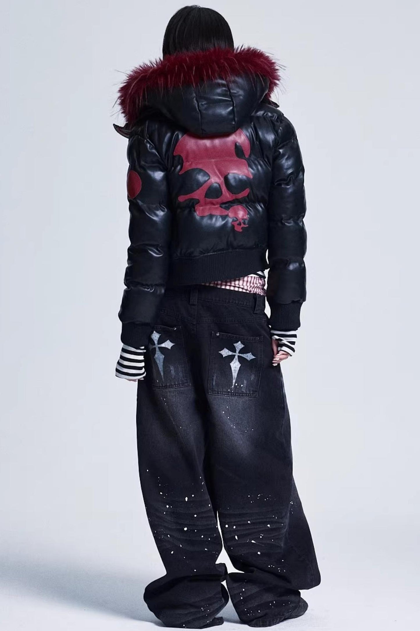 Patchwork Leather Fur Collar Jacket