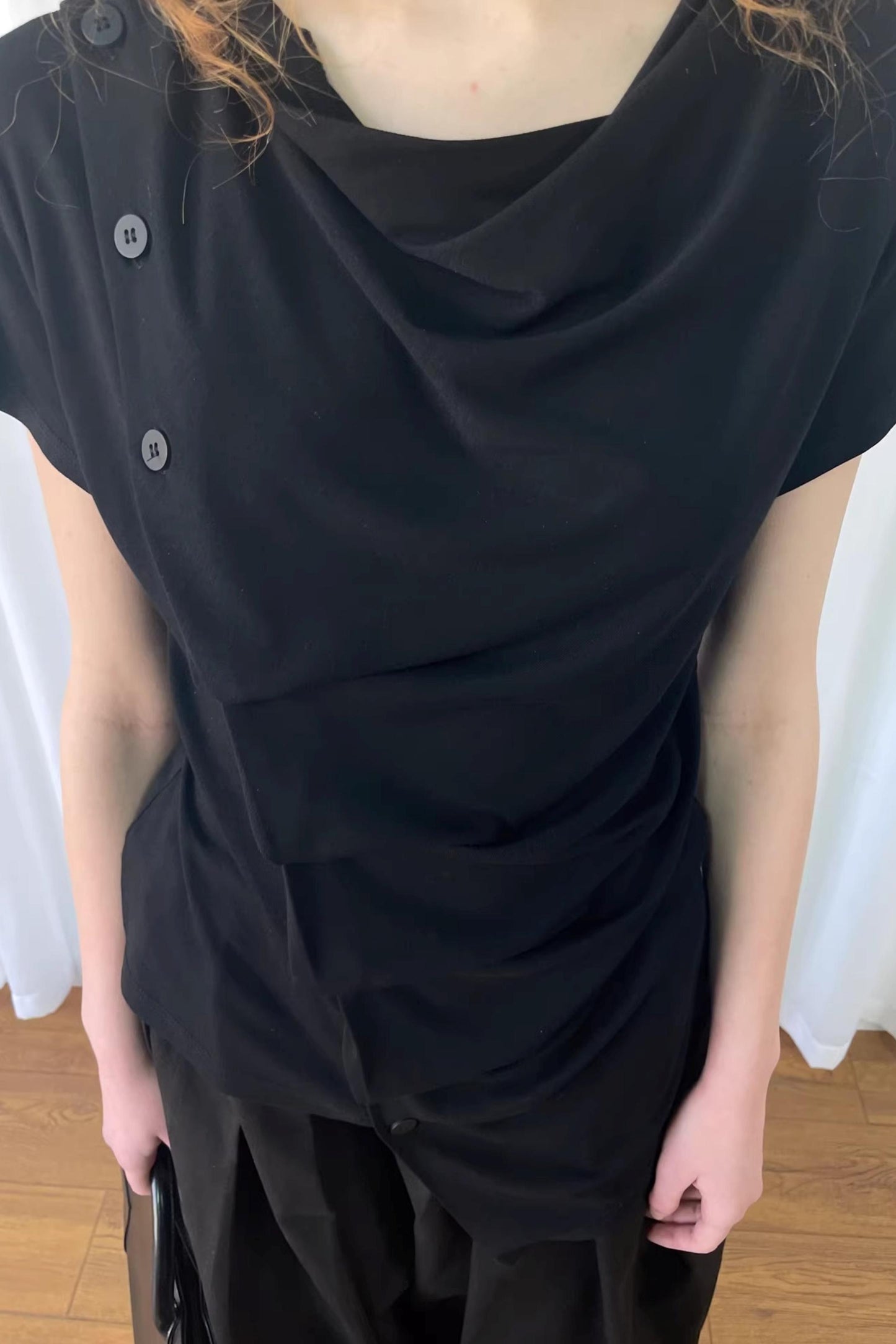 Pleated Irregular Neckline Top