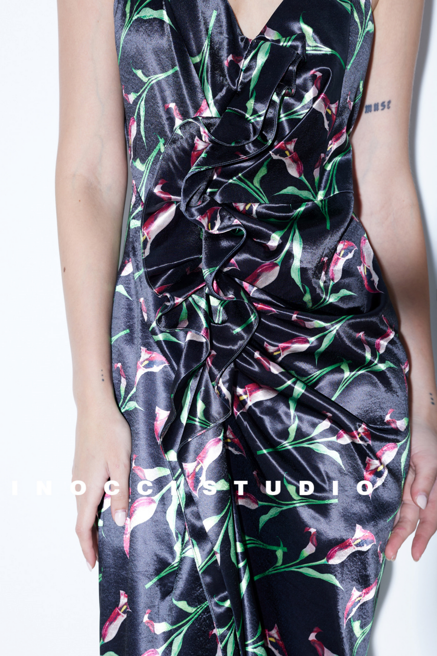 Hand-Painted Calla Lily Satin Dress