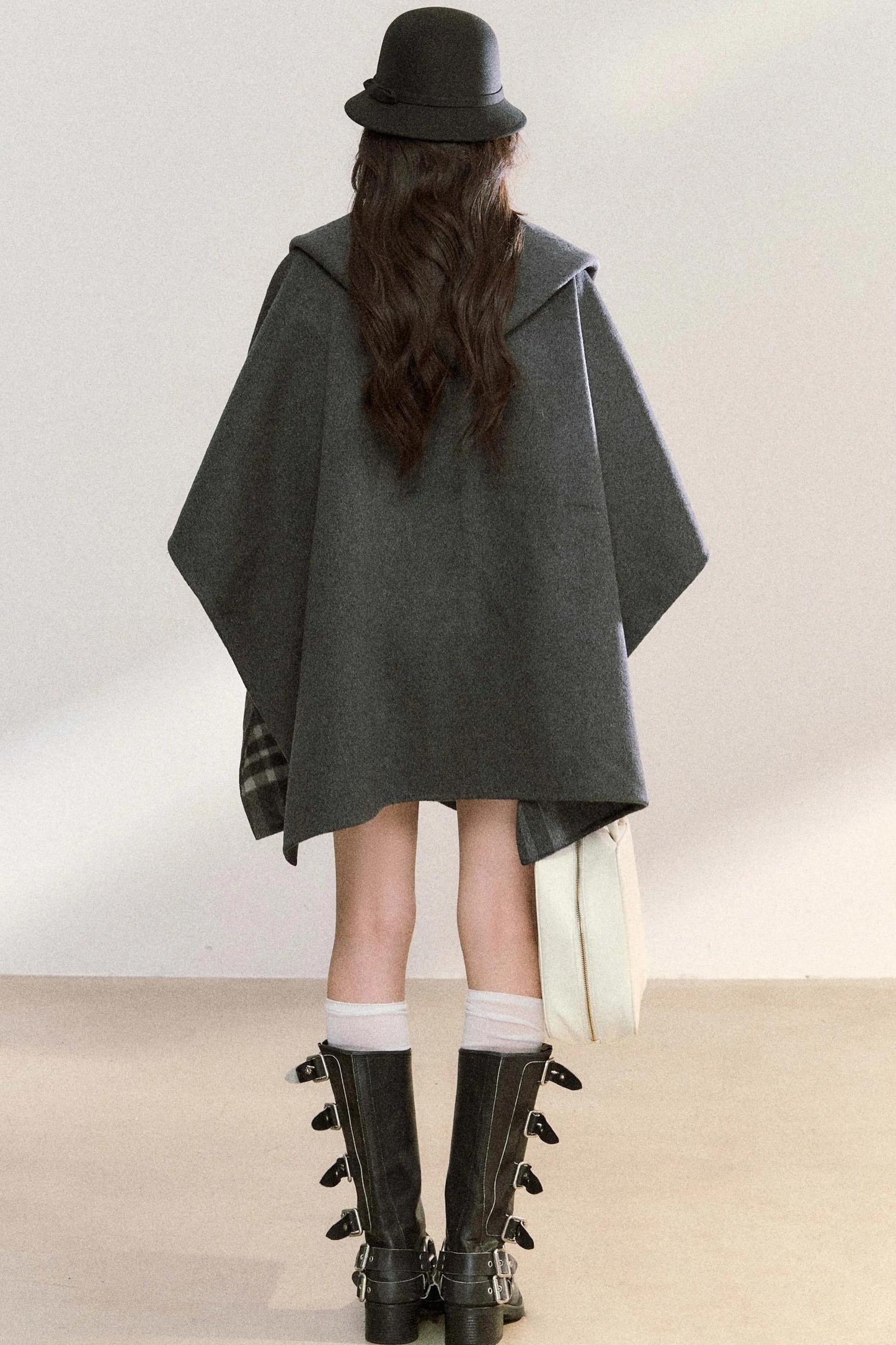 Gray Plaid Reversible Wool Cape Coat