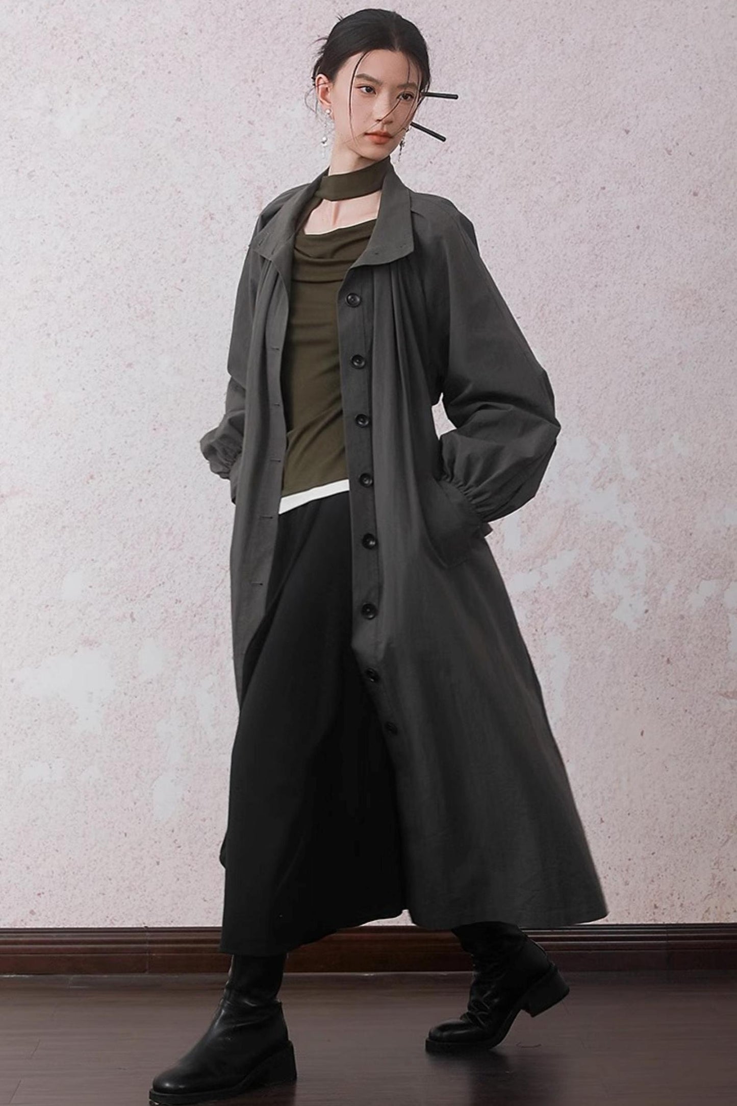 Tencel Lyocell Olive Green Swing Collar T-Shirt