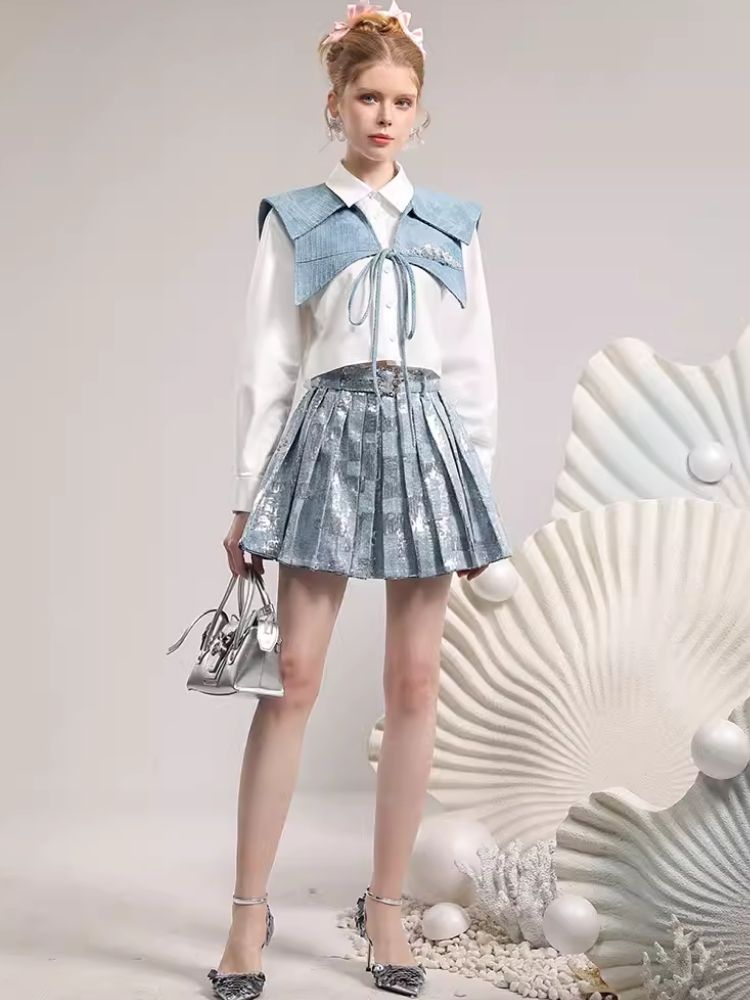 Denim shawl collar collision color blouse