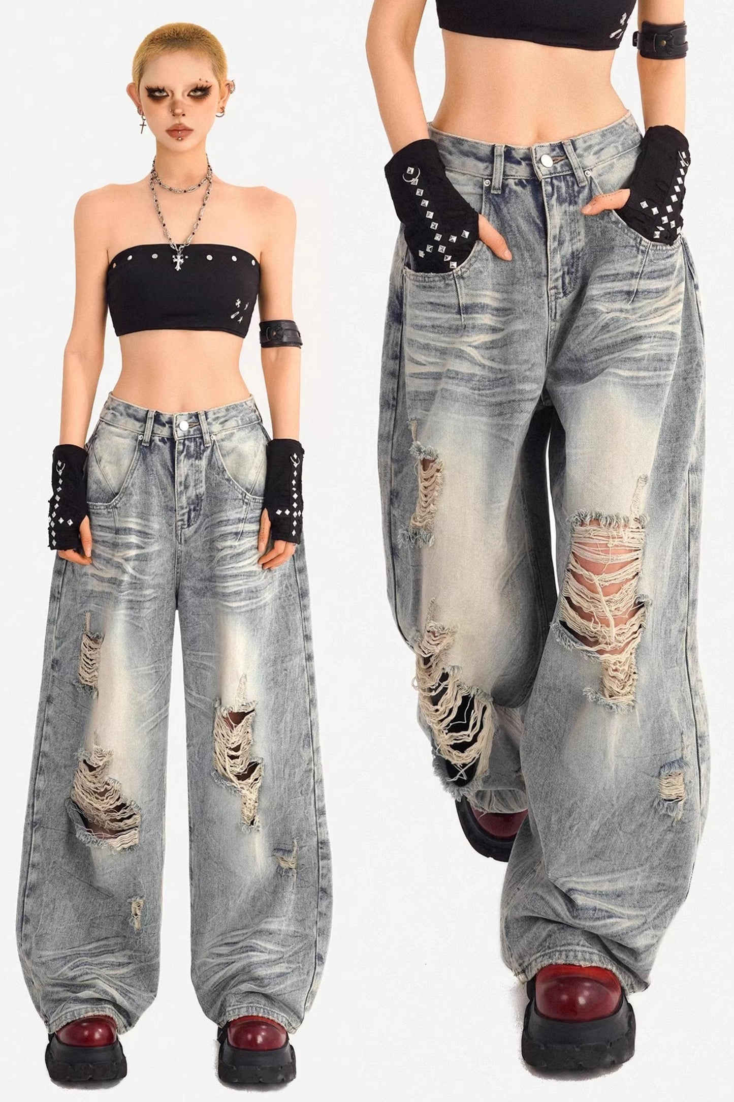 American Retro Ripped Denim Pants