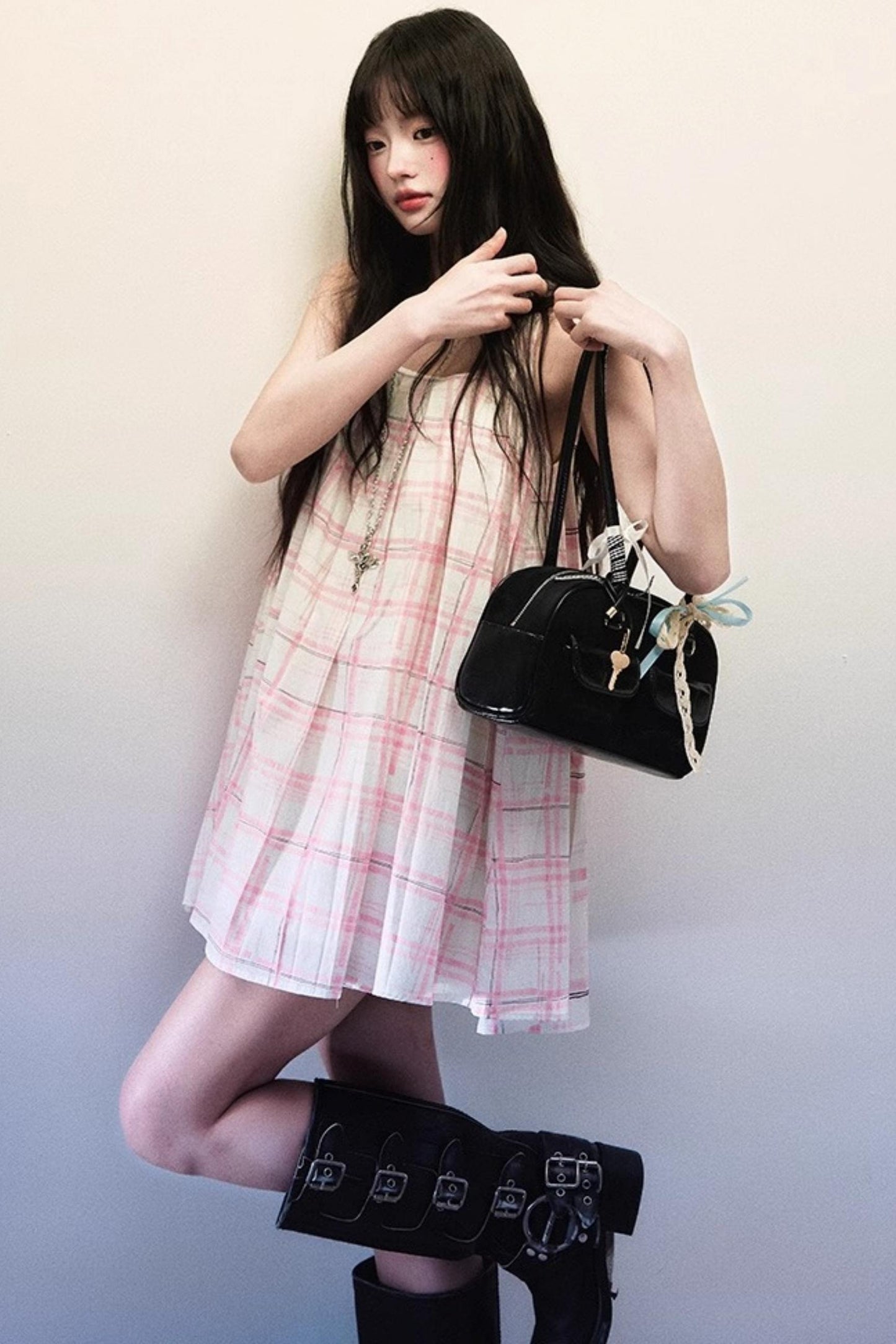 Pink Plaid Summer Vest Dress