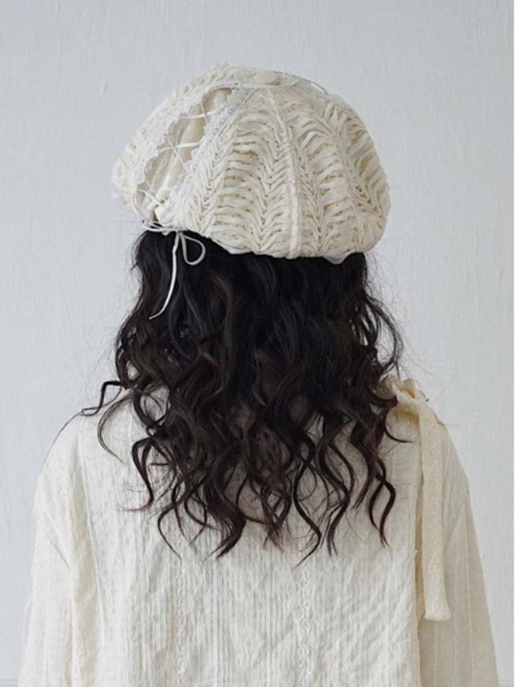 Lace-Up Bowknot & Button Beret Hat
