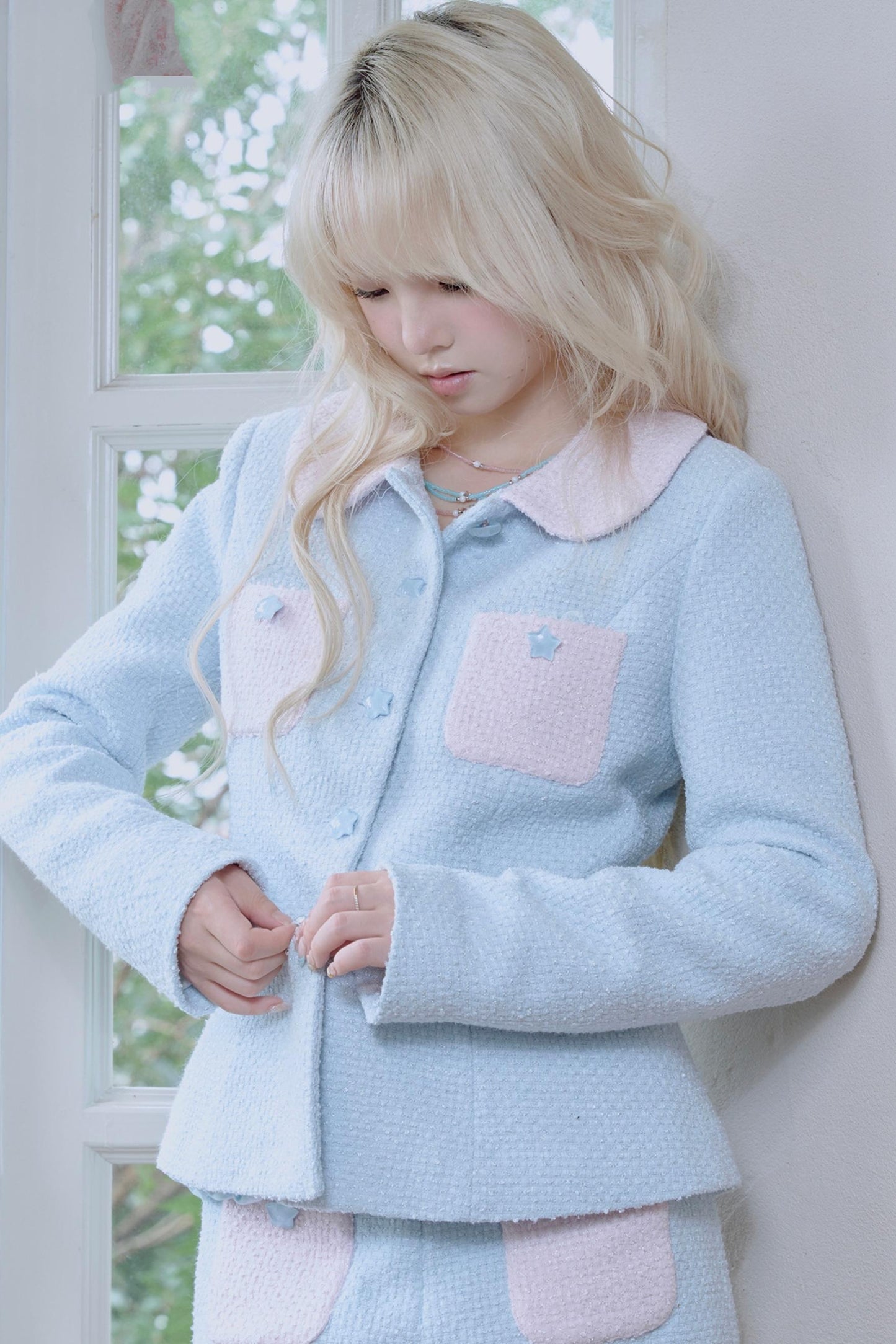 Star Button Tweed Jacket Set-Up