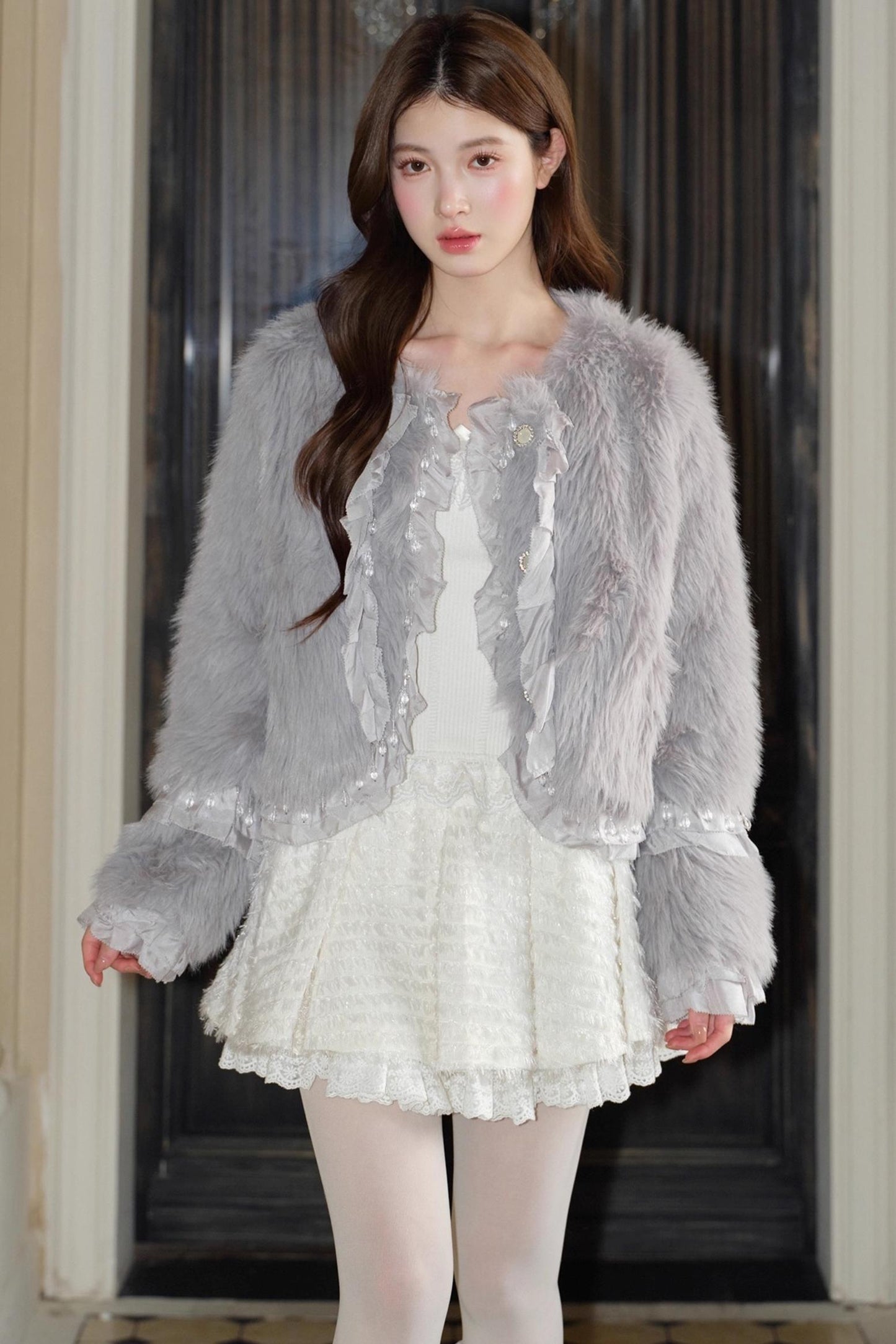 Gray Beaded Ruffle Coat