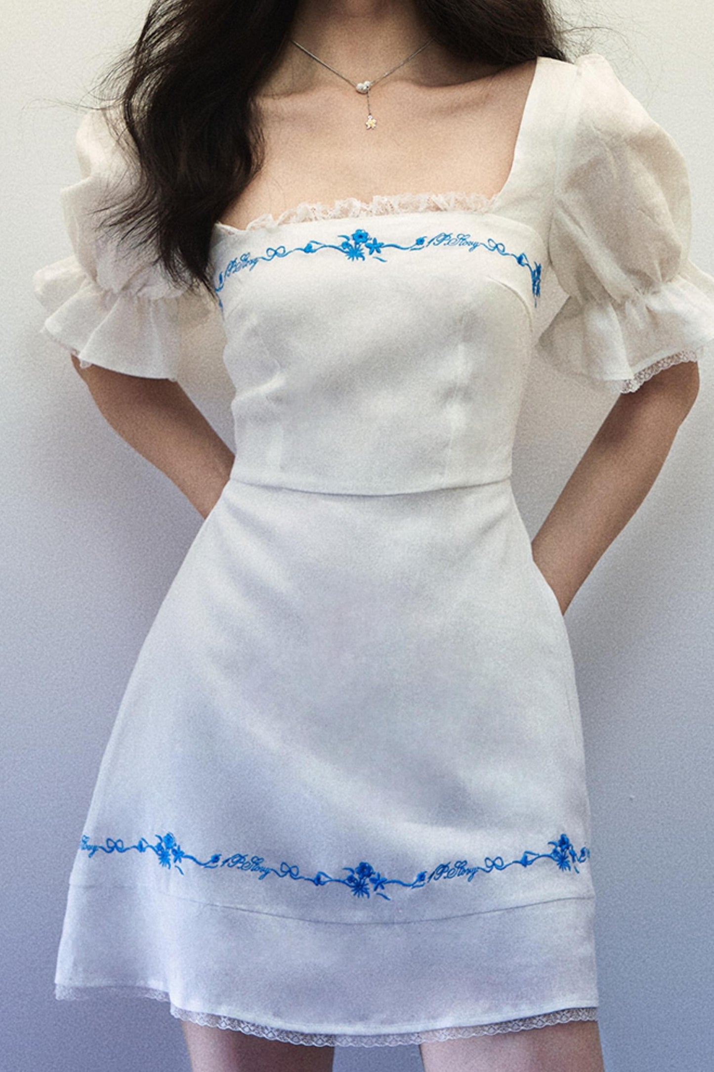 Embroidered Blue Linen Summer Dress
