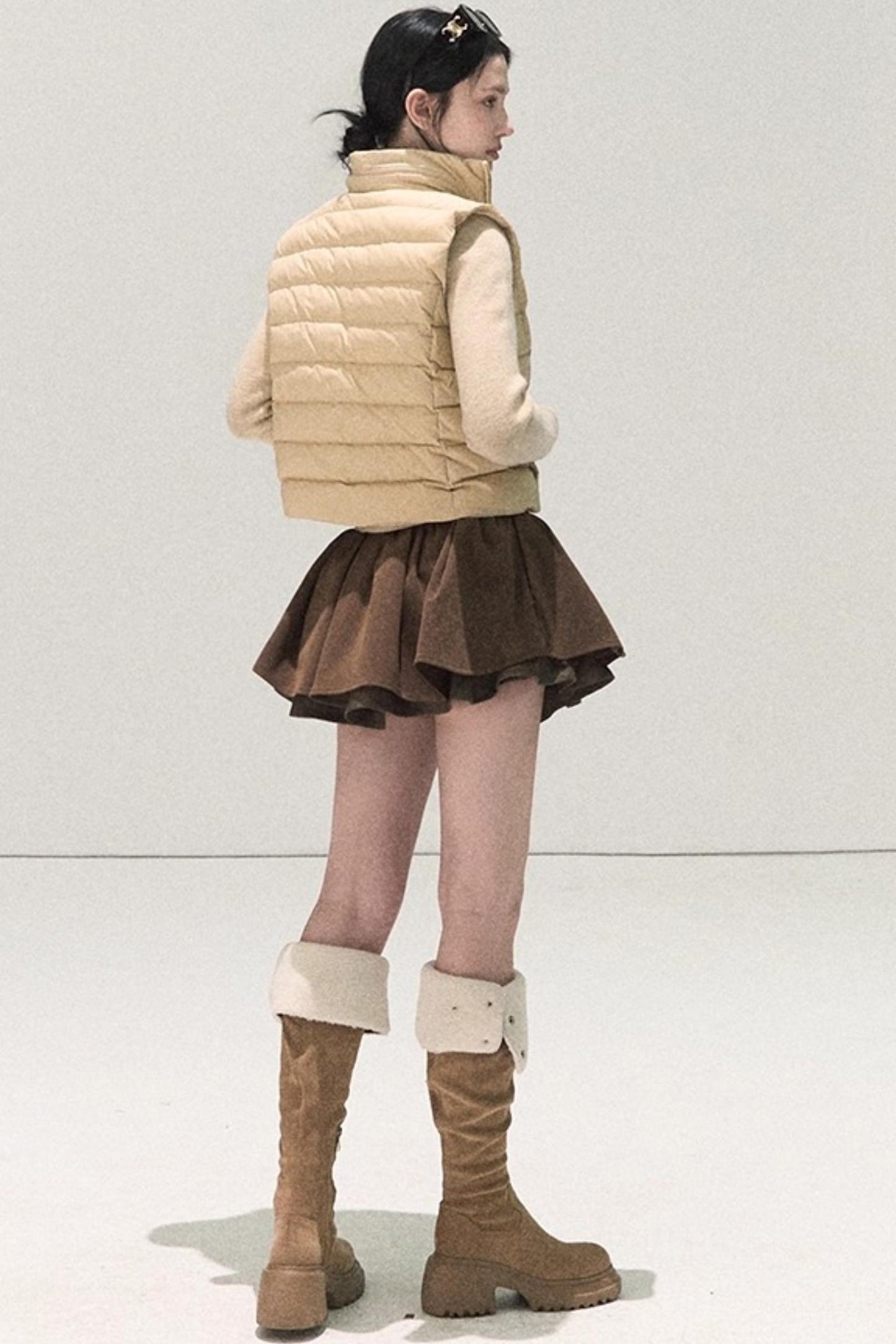 Plaid Color-Blocked Puffy Skirt