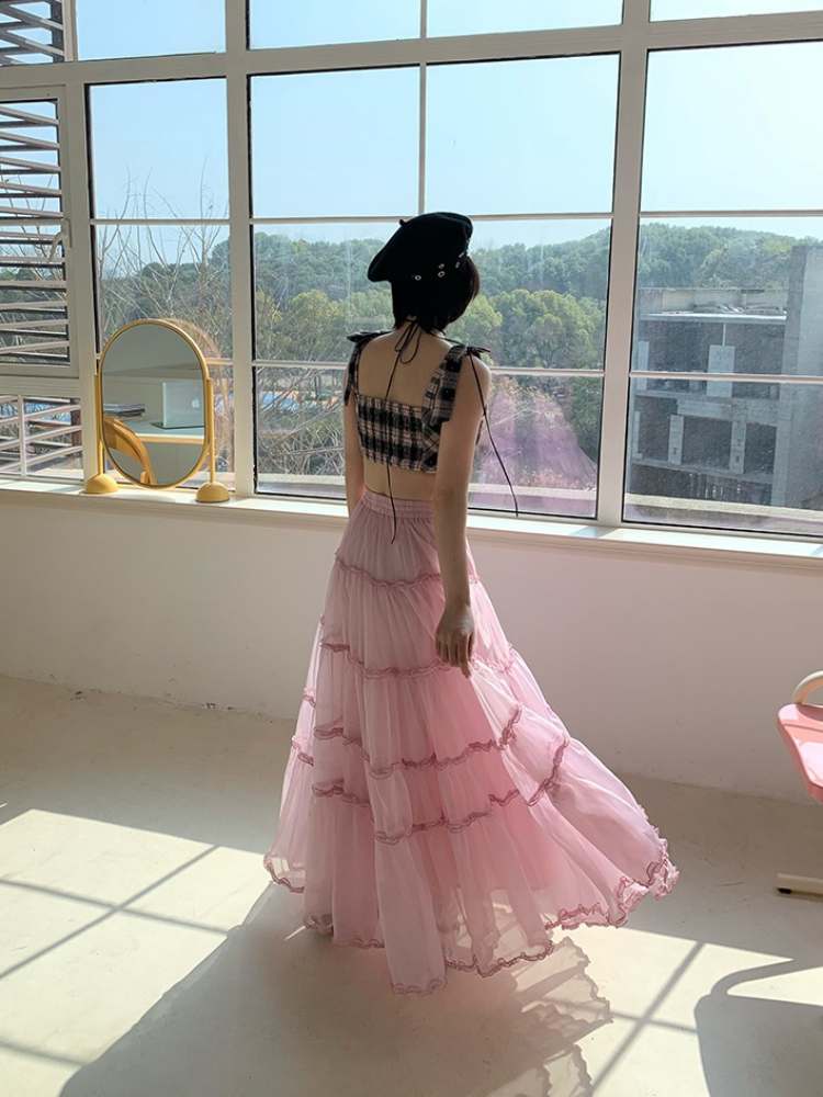 리본 라인스톤 체크 서스펜더 부스티어