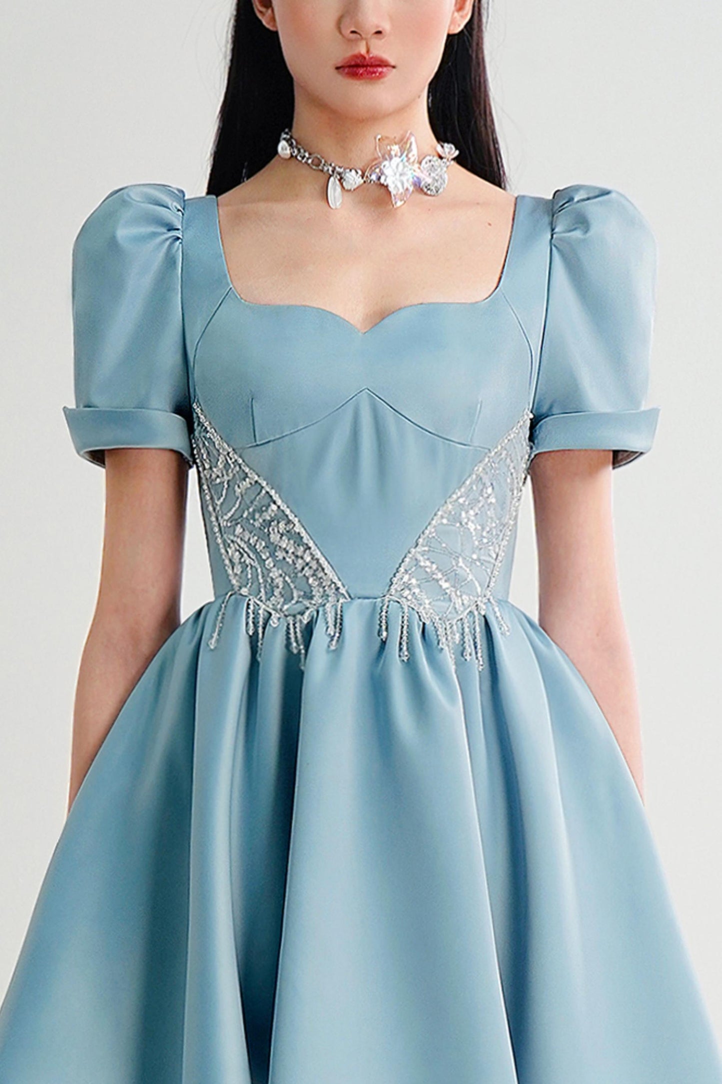 Romantic Pearl Bubble Sleeve Dress