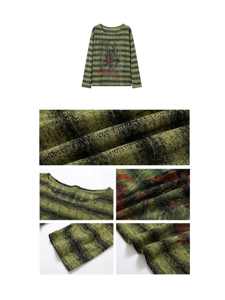 Lochbrechendes bedrucktes langärmliges lockeres T-Shirt