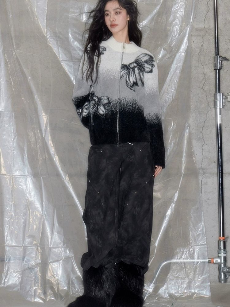 Gradient Grau Schleifenmuster Strick-Cardigan