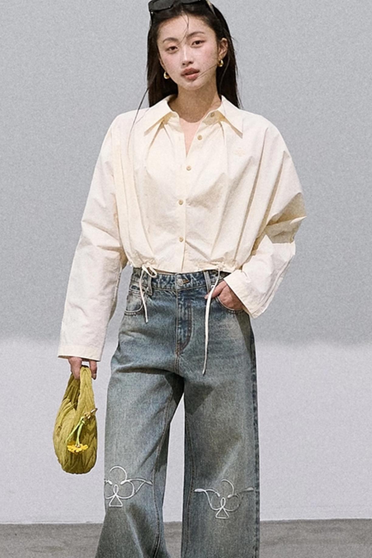 Lace-Up Pinch Pleated Cotton Shirt