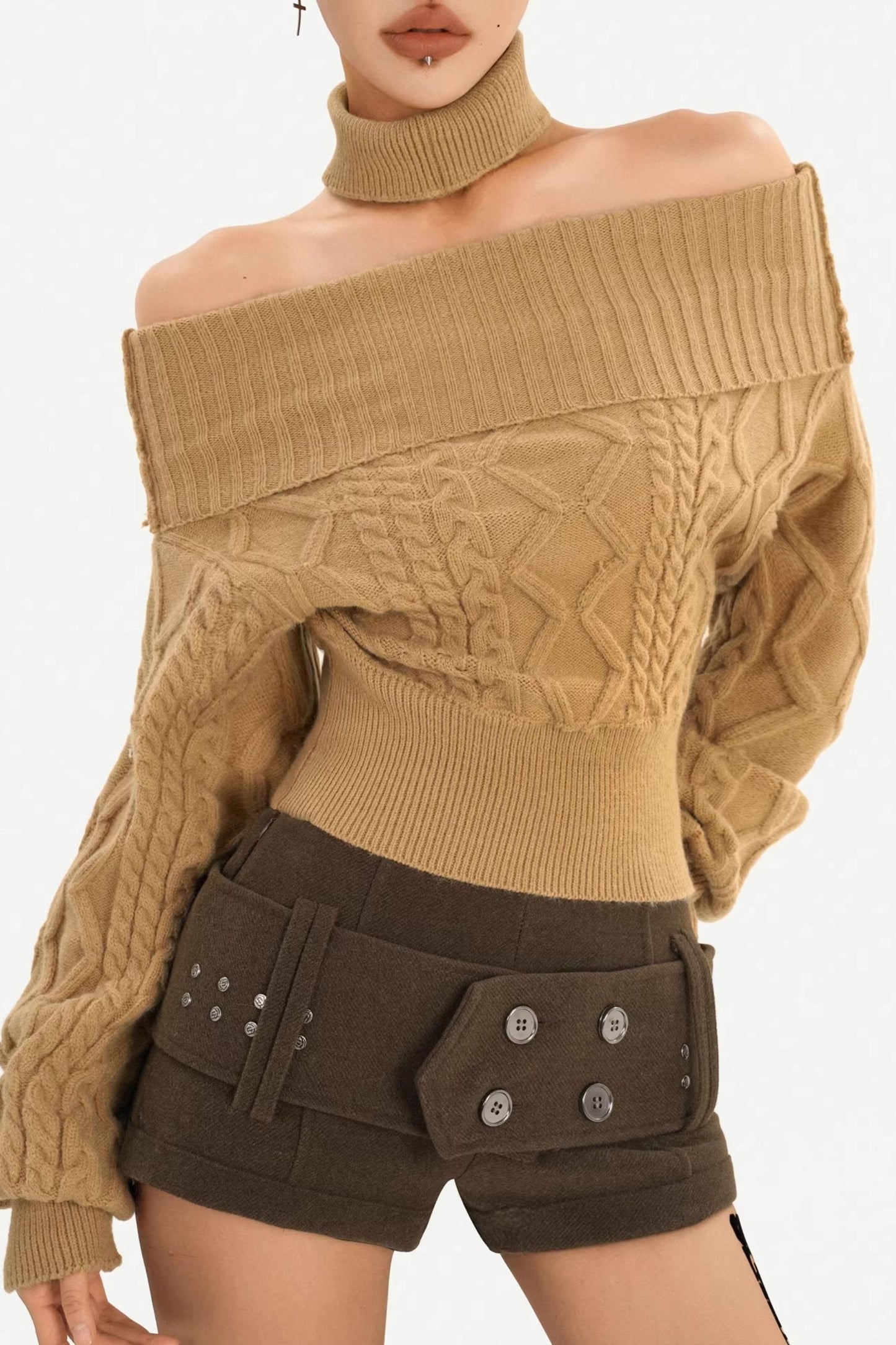 Retro Off-Shoulder Camel Sweater