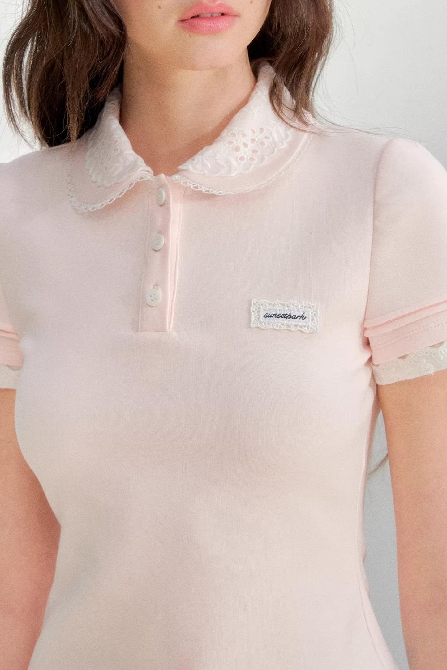 Embroidered Collar Pink Polo Shirt