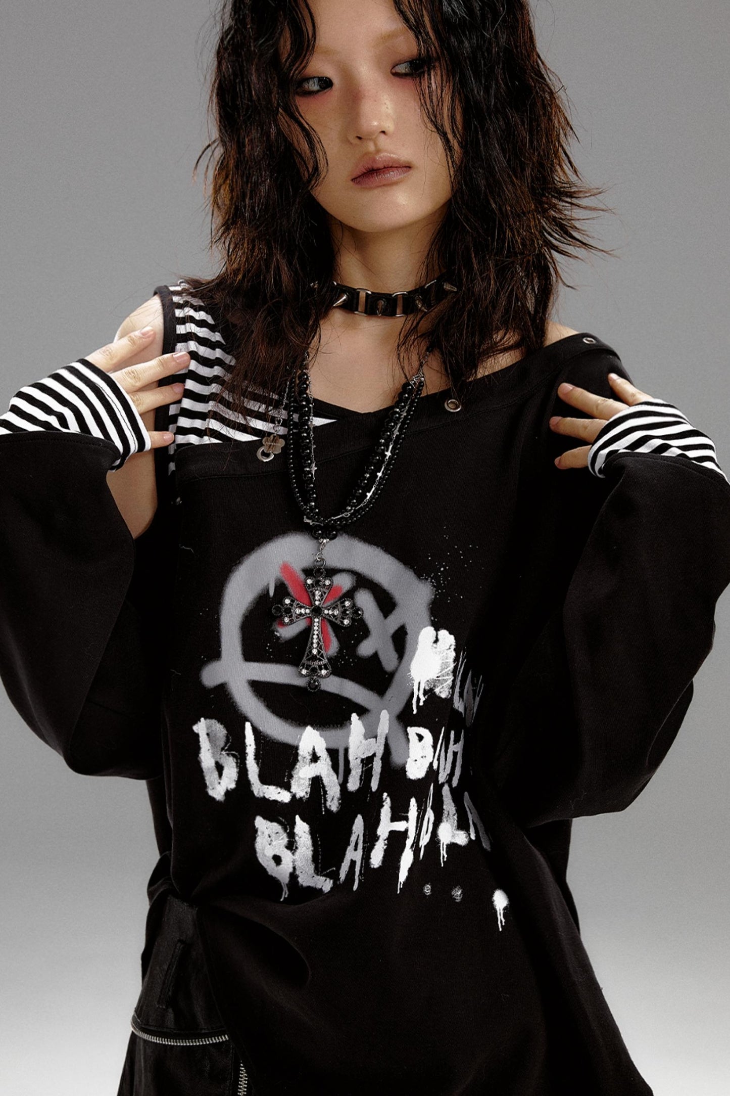 Punk Striped Dropped Shoulders T-Shirt