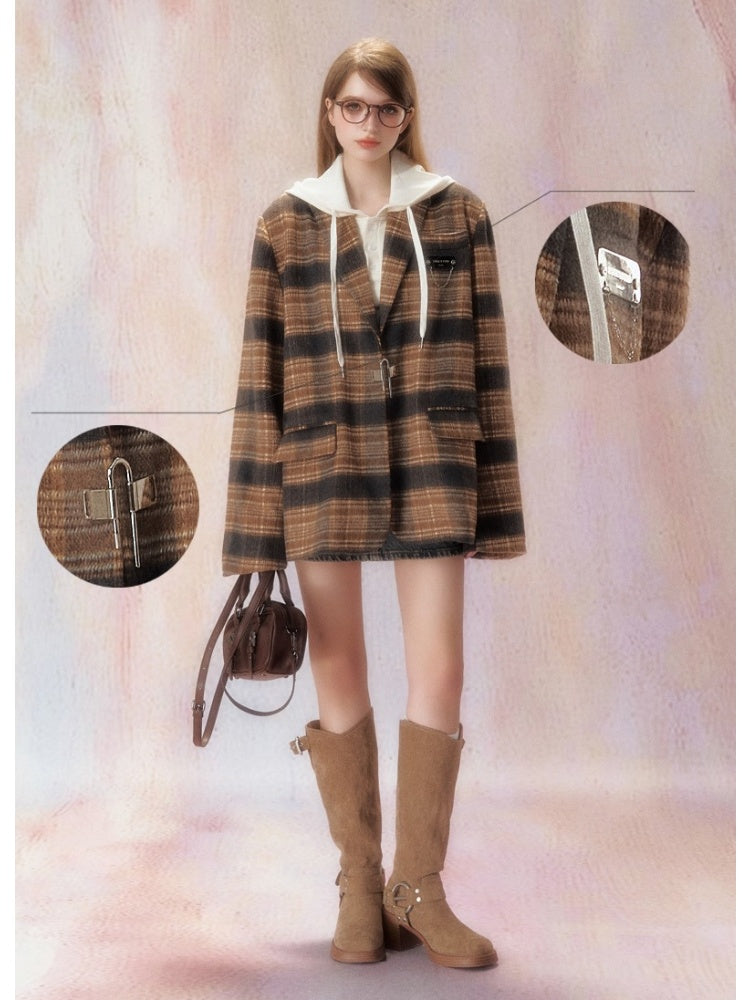 Plaid Padded Wool Blazer