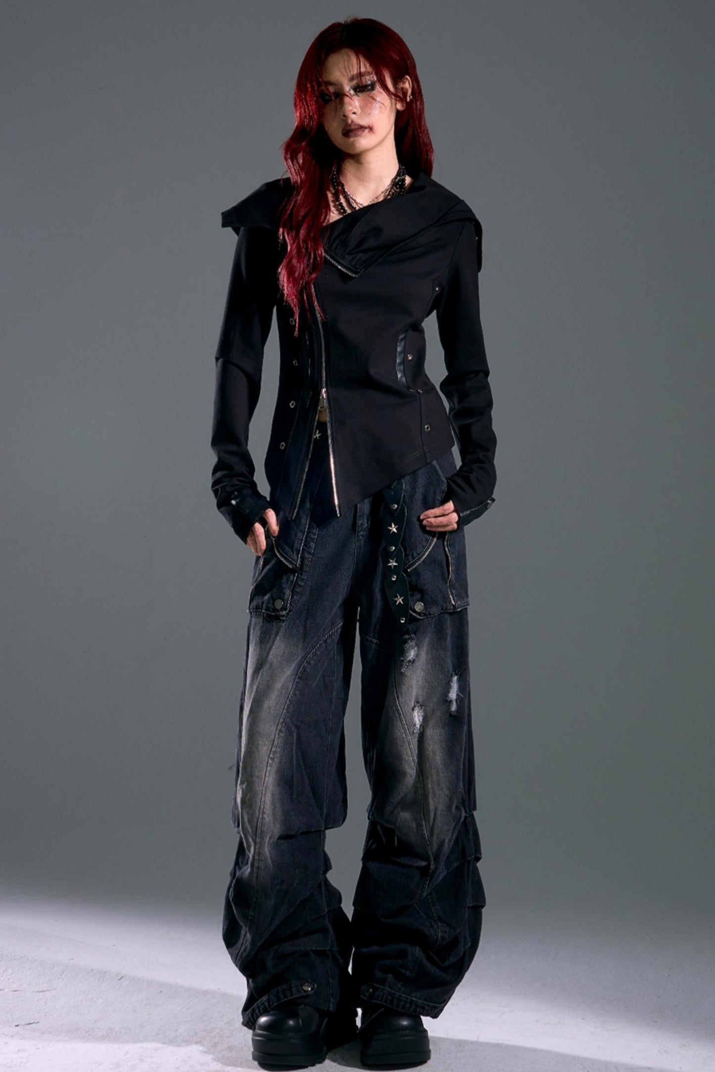 Hooded Asymmetrical Zip Knit Top