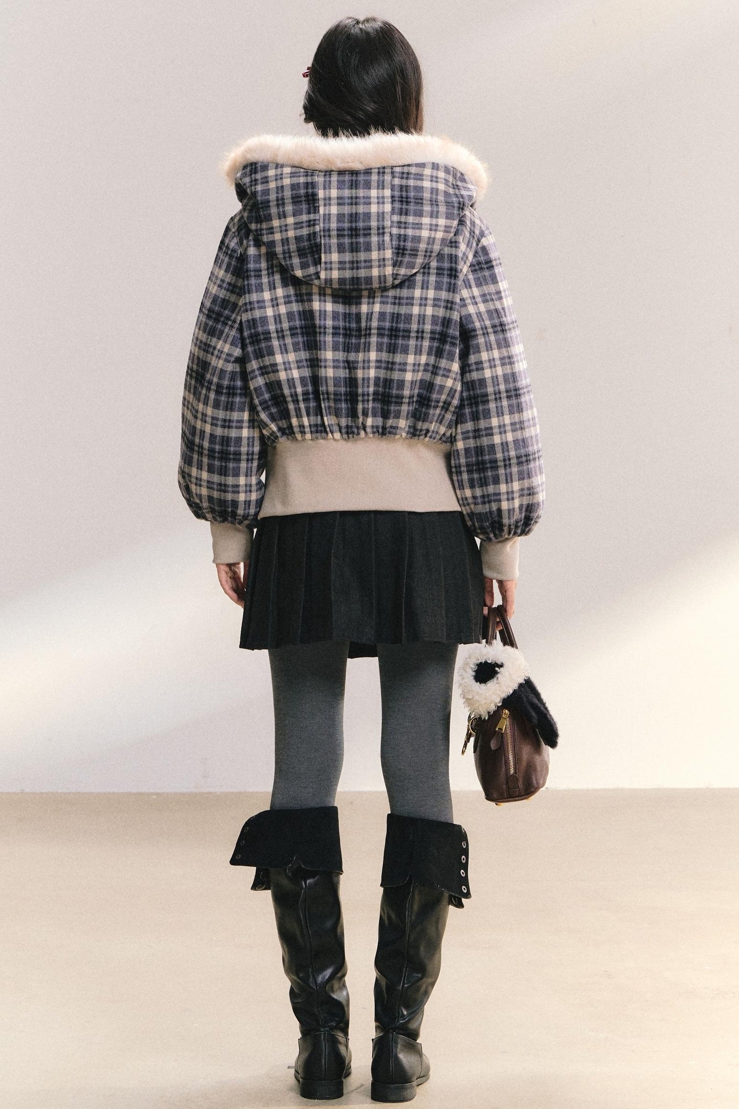 Plaid Fur Collar Winter Coat