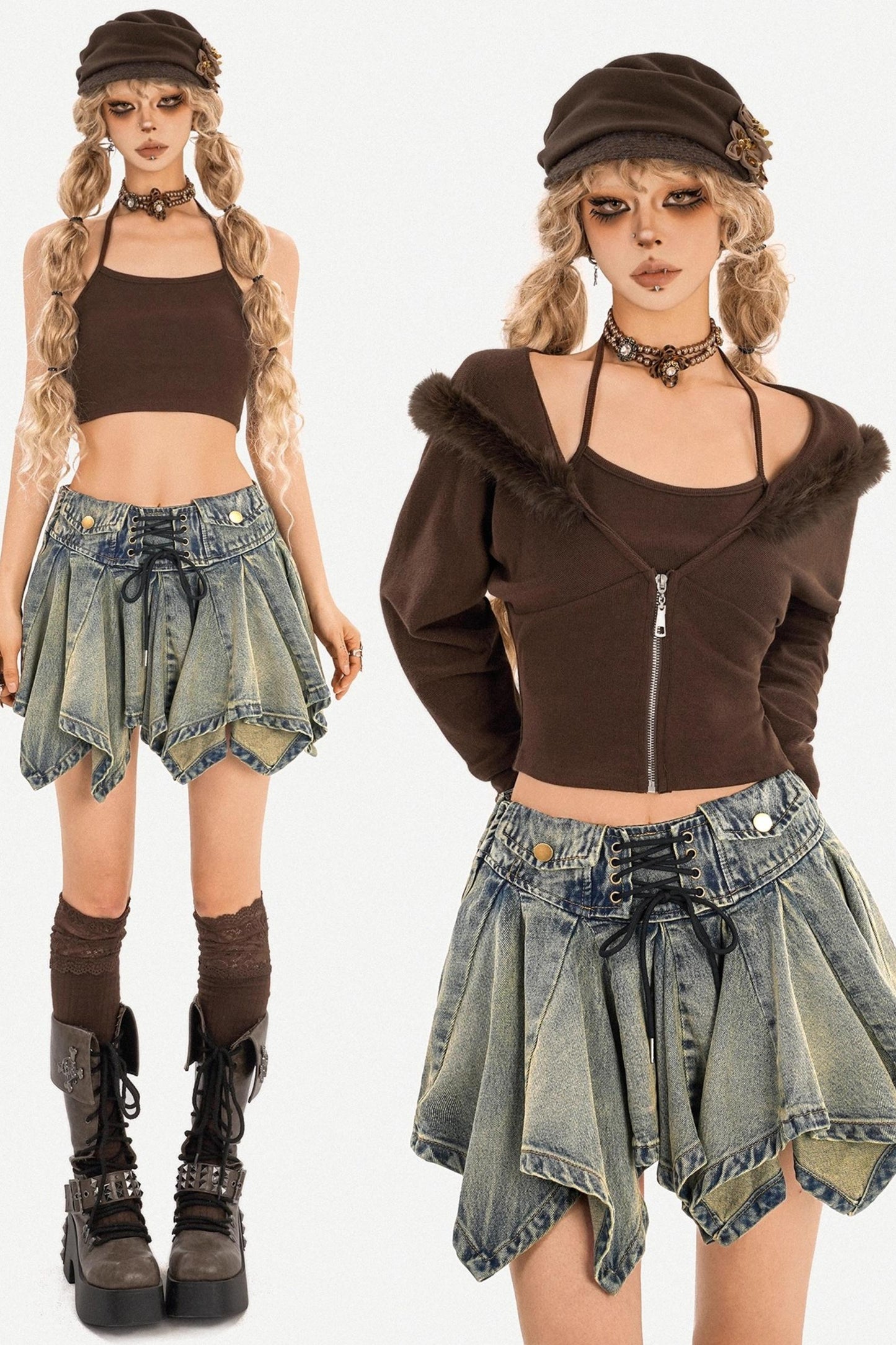 Dark Brown Patchwork Knit Sweater Set