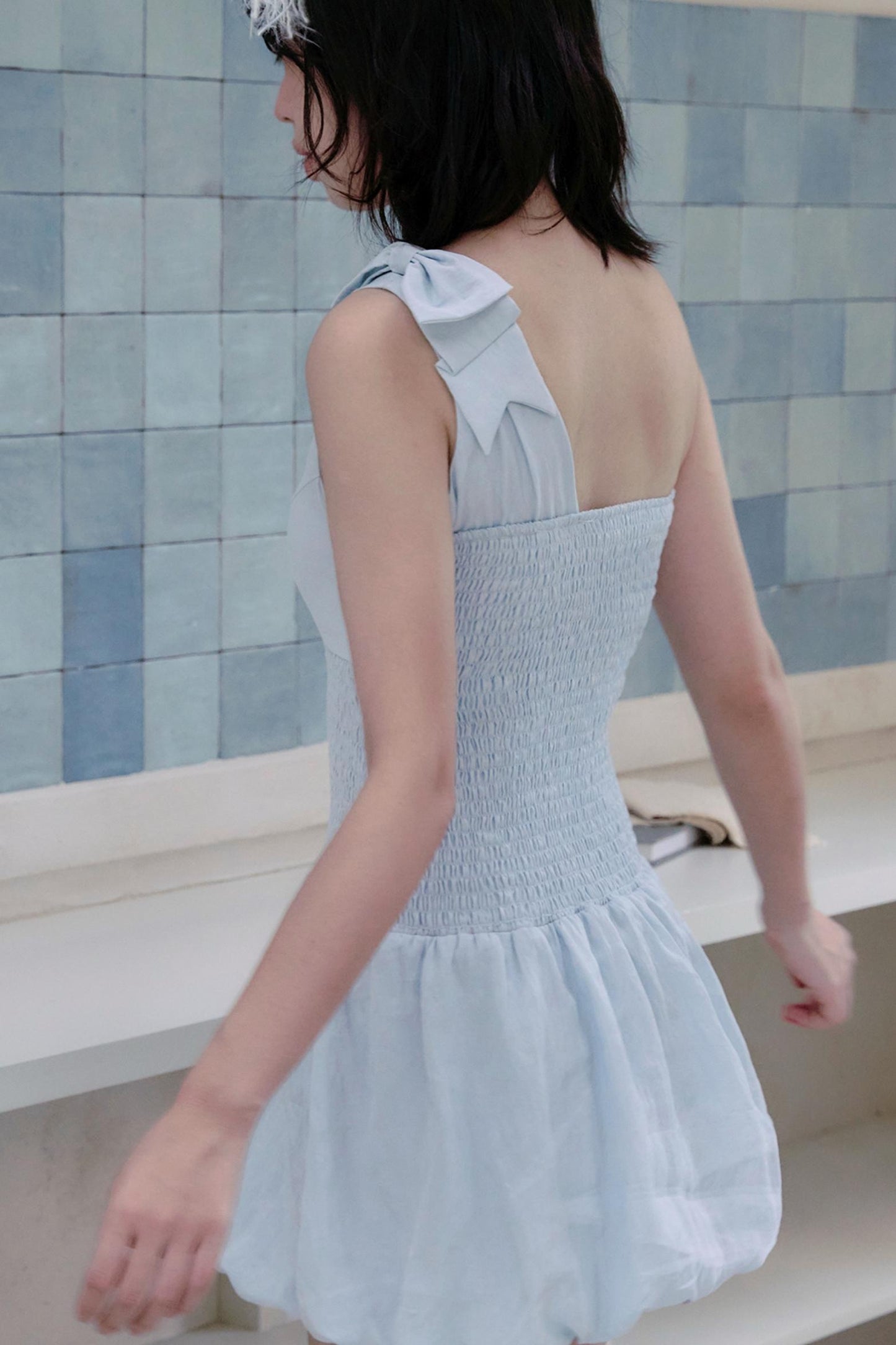 Blue Bow Strap Pleats Waist Bud Dress