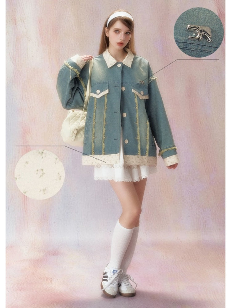 플로랄 스플리싱 워시드 드로우 엣지 데님 자켓