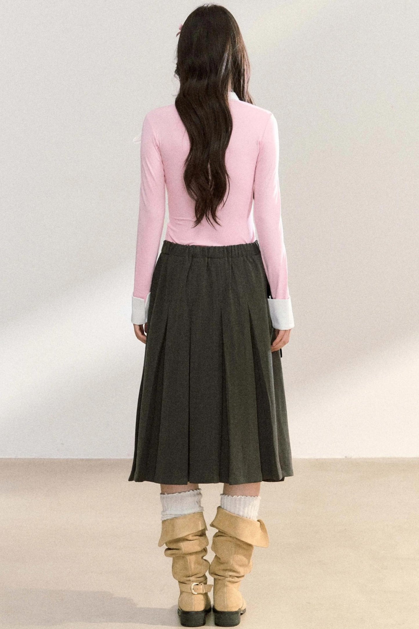 Edge Strap Pleated Midi Skirt