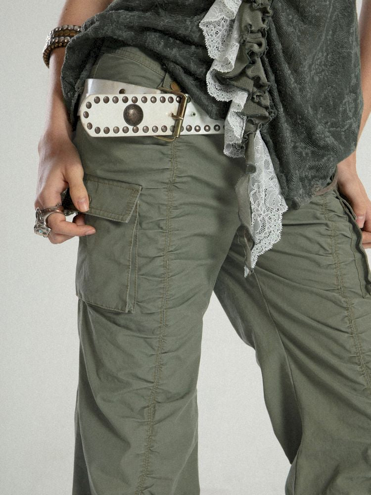 마이크로 플리트 로우 웨이스트 작업 바지