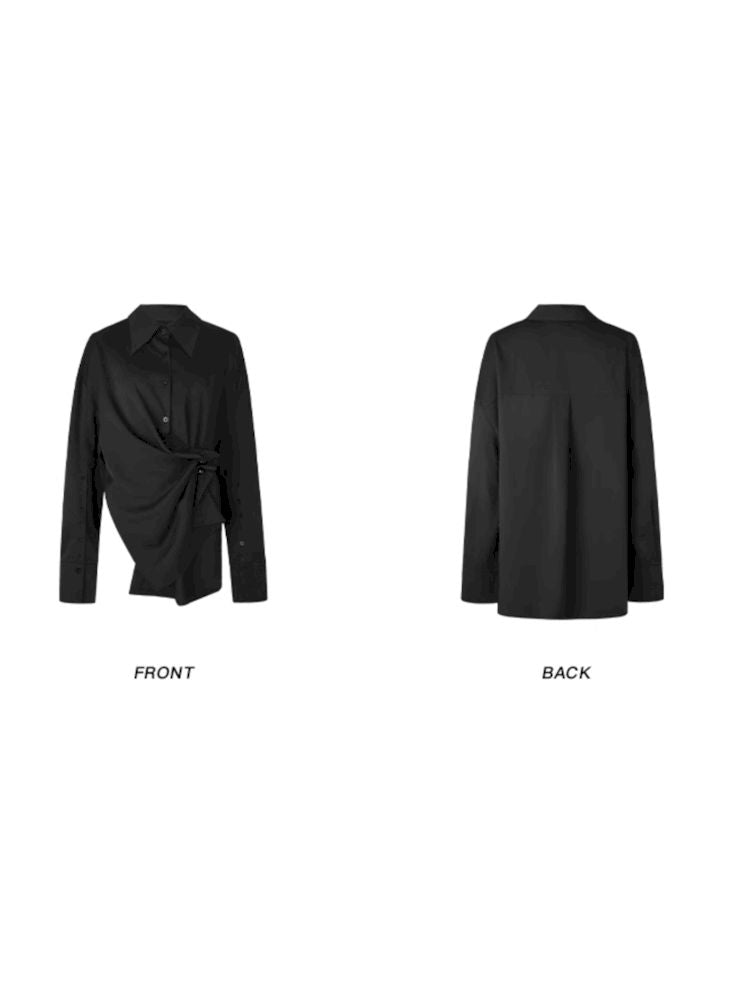 비대칭 헴 주름 루즈 포인트 칼라 셔츠