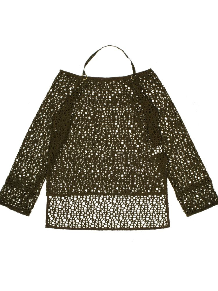 홀로우 메쉬 블라우스 롱 슬리브 튜닉