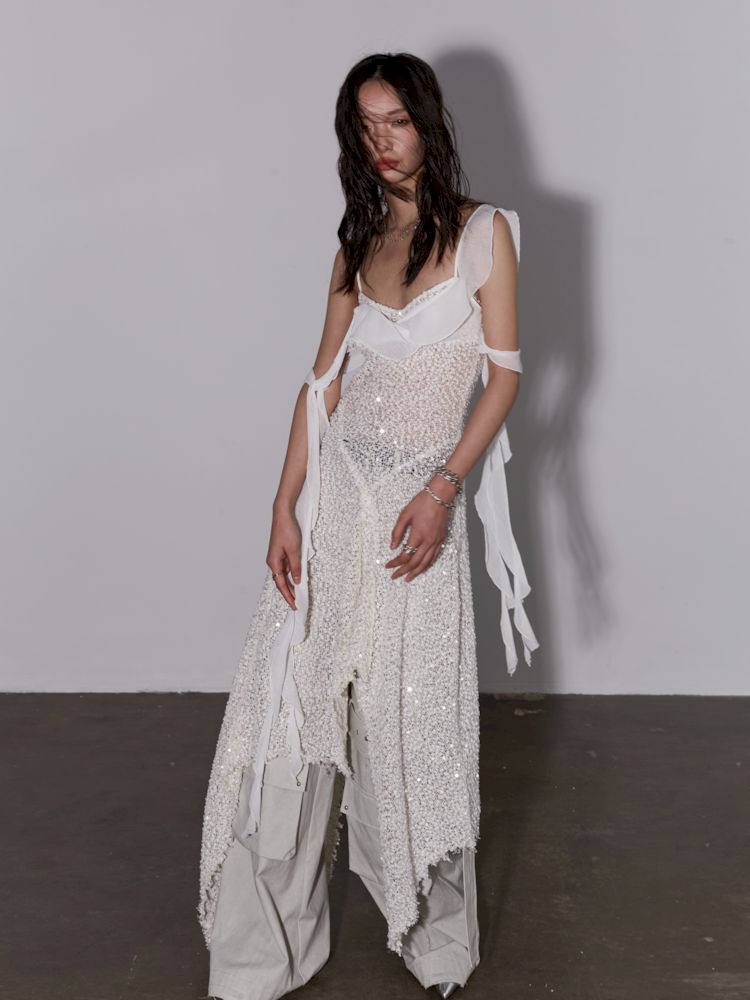 Strick Pailletten Unregelmäßiges Trägerkleid