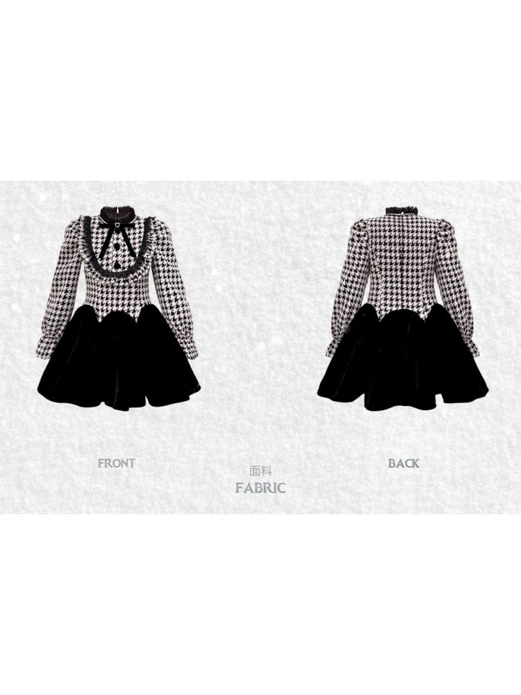 라인스톤 리본 허리 긴 소매 드레스