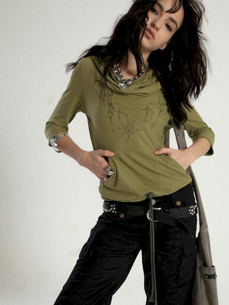 Kapuzenshirt mit halben Ärmeln und handgemaltem mystischem Muschelprint