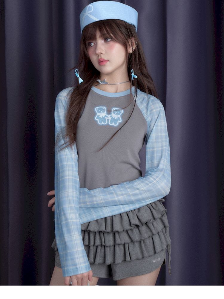 Karierter Einsätze an den Schultern langärmliges T-Shirt