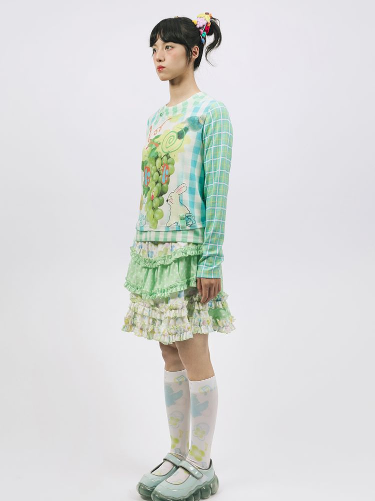 플래드 포도 프린트 귀여운 긴팔 티셔츠