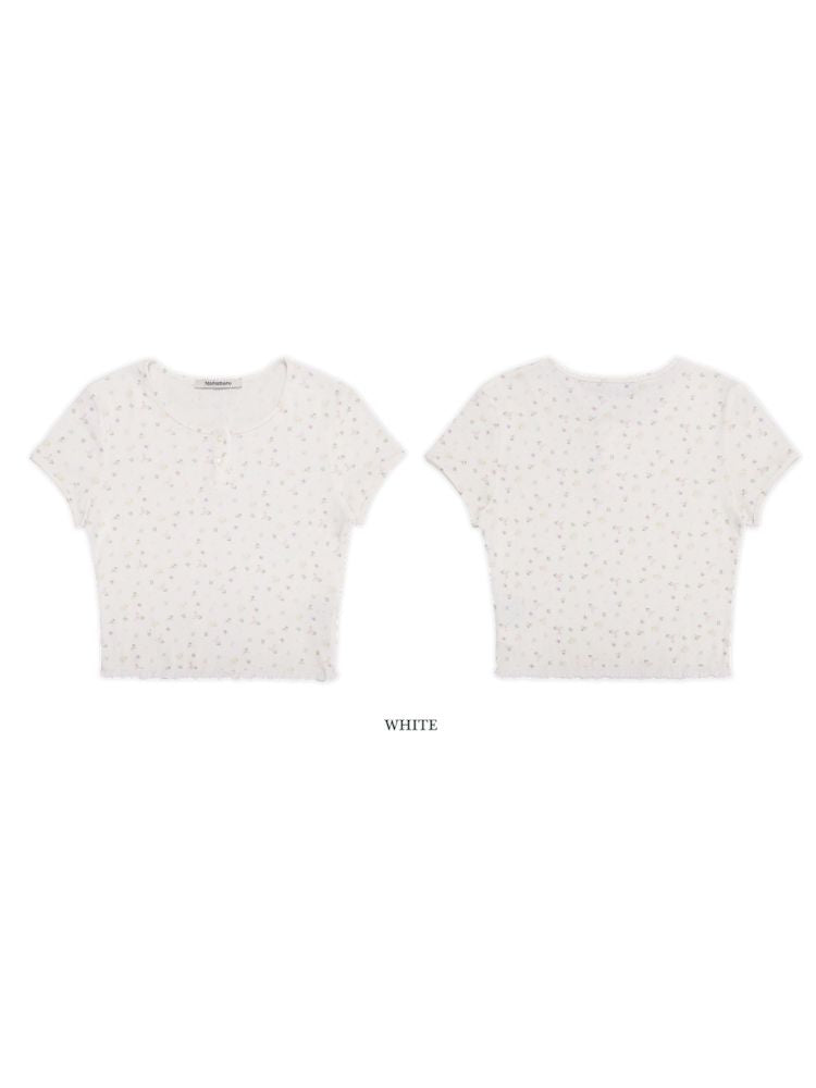 신선한 꽃무늬 전체 프린트 레이스 라운드 넥 반팔 티셔츠