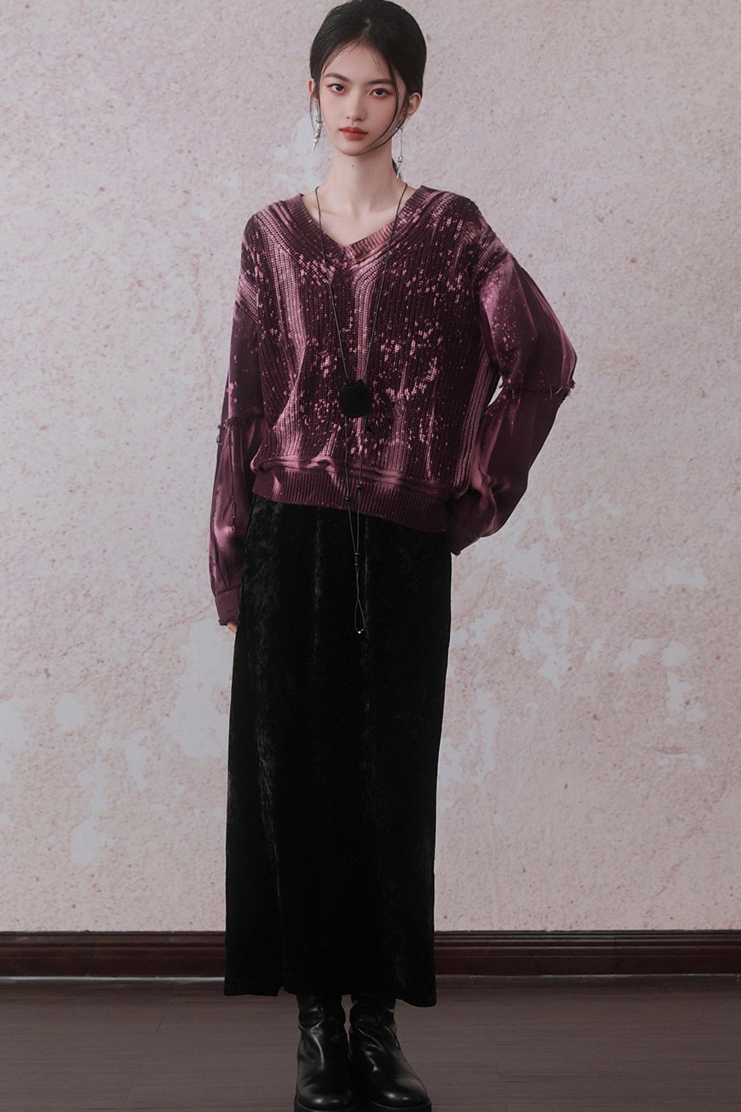 라떼 타이 다이 오버사이즈 V넥 스웨터