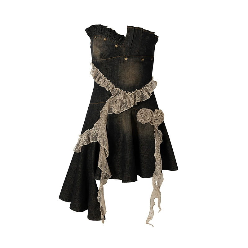 Vintage Black Lace Denim Dress