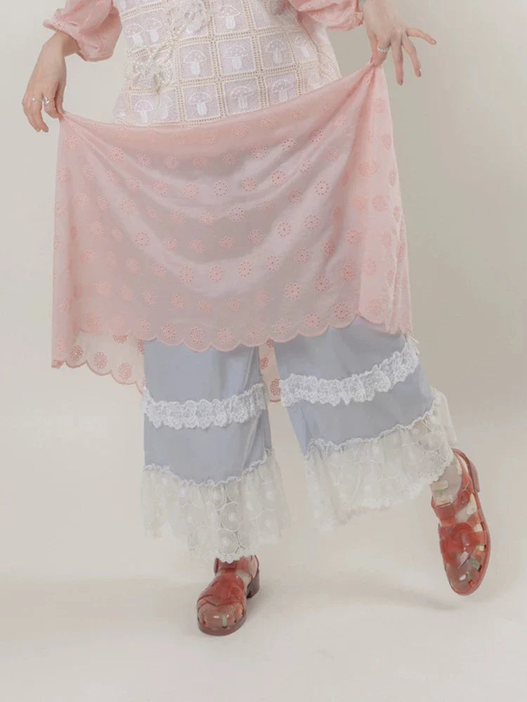 실버 그레이 레이스 와이드 팬츠