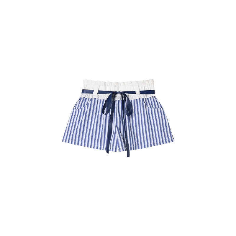 Blue Striped Ruffle A-Line Shorts Set-Up