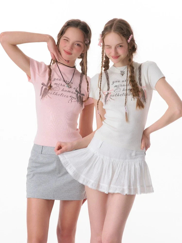 인쇄된 슬림 니트 탑