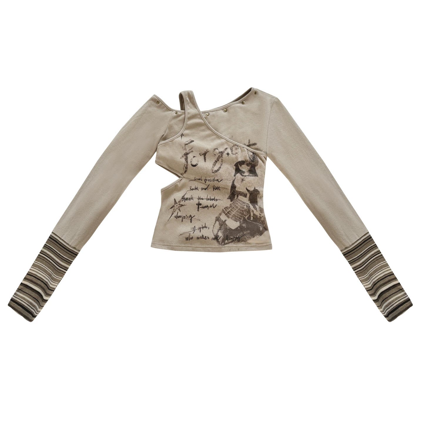 Off-the-Shoulder Patchwork Print Knitted Base Shirt