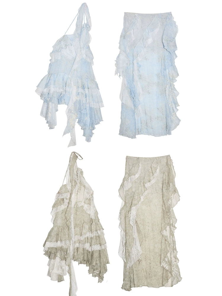 Ruffle Embroidered Skirt Set-Up