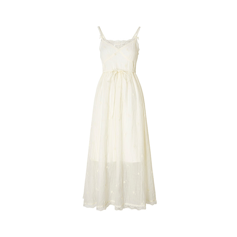 Beige Embroidered A-Line Tencel Dress
