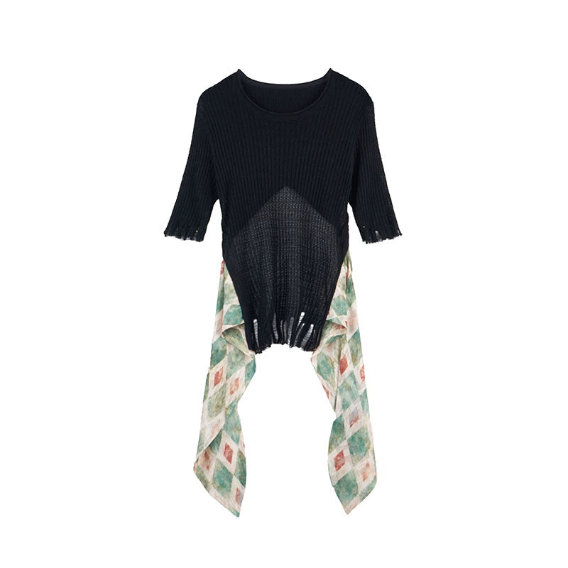 Black Knitted Contrast T-Shirt