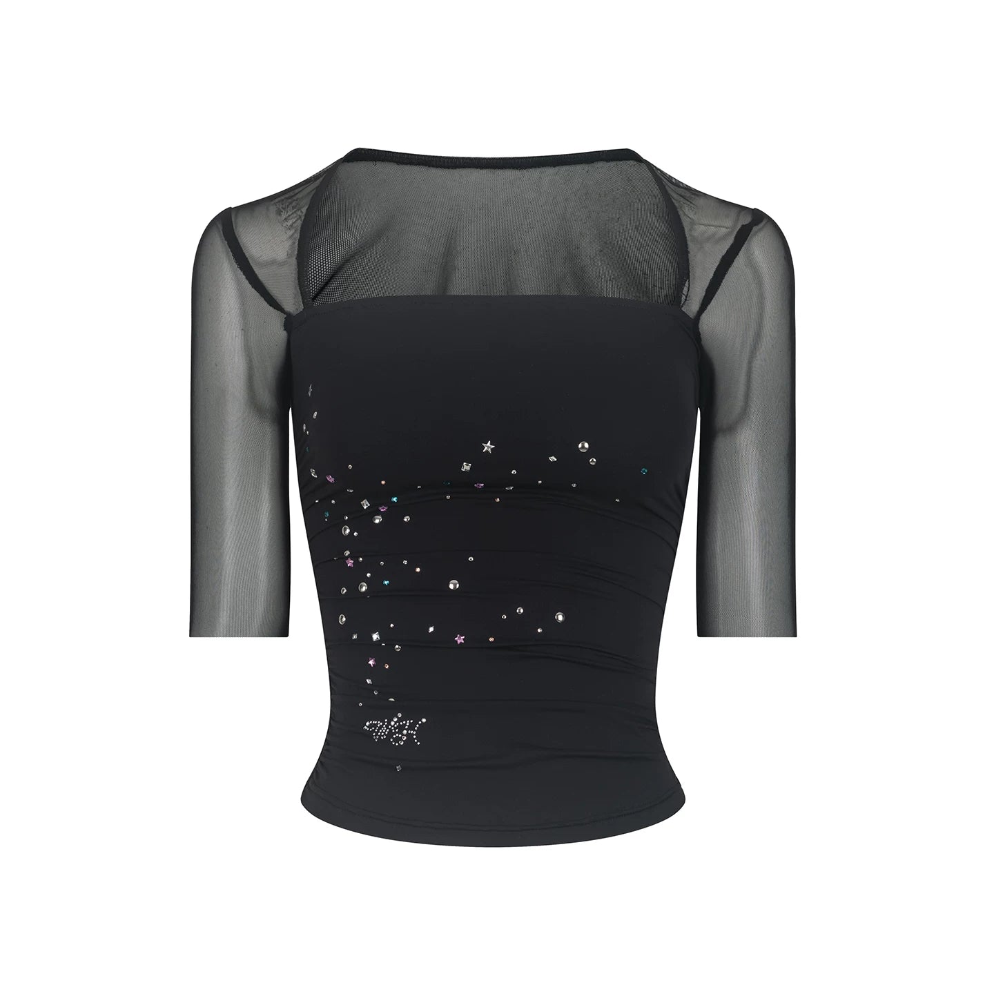 Mesh Splicing Rhinestone Top