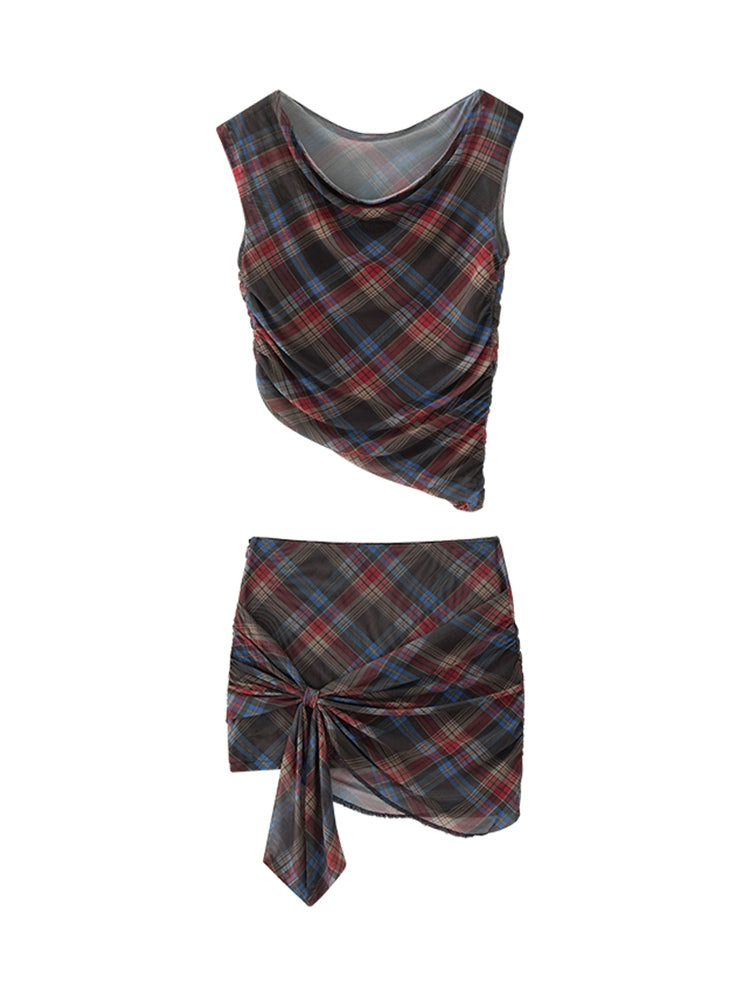 Retro Plaid Mesh Shoulder Wrap Skirt Set-Up