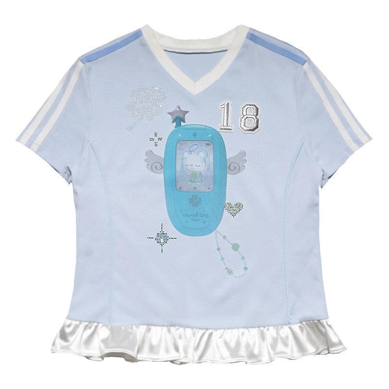 Blue Ruffle V-Neck Tee