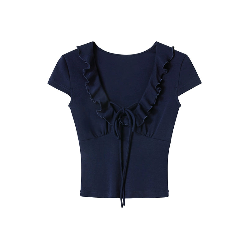 Blue Lace V-Neck Half-Sleeve Crop Top